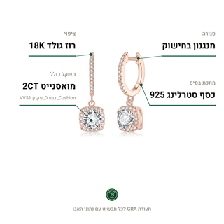 עגילי Siena Rose, מואסנייט 2CT, כסף סטרלינג 925, ציפוי רוז גולד 18K