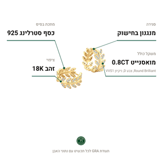 עגילי Sylin Gold, מואסנייט 0.8CT, כסף סטרלינג 925, ציפוי זהב 18K