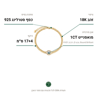 צמיד Lecce Gold, מואסנייט 1CT, כסף סטרלינג 925, ציפוי זהב 18K