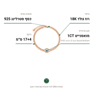 צמיד Lecce Rose, מואסנייט 1CT, כסף סטרלינג 925, ציפוי רוז גולד 18K