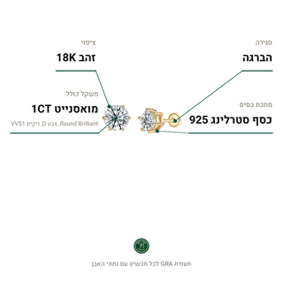 עגילי Clara Gold, מואסנייט 1CT, כסף סטרלינג 925, ציפוי זהב 18K