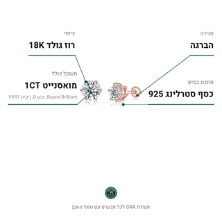 עגילי Clara Rose, מואסנייט 1CT, כסף סטרלינג 925, ציפוי רוז גולד 18K