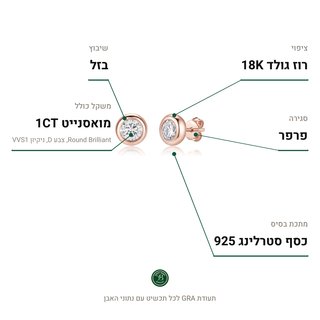 עגילי Luma Rose, מואסנייט 1CT, כסף סטרלינג 925, ציפוי רוז גולד 18K