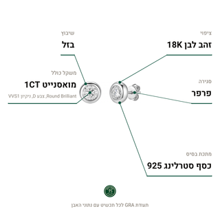 עגילי Luma, מואסנייט 1CT, כסף סטרלינג 925, ציפוי זהב לבן 18K