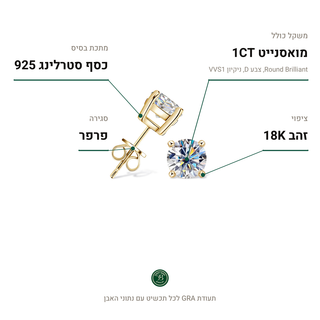 עגילי Lodi Gold, מואסנייט 1CT, כסף סטרלינג 925, ציפוי זהב 18K