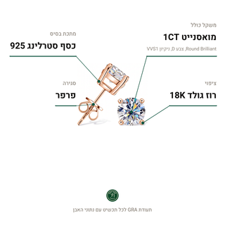 עגילי Lodi Rose, מואסנייט 1CT, כסף סטרלינג 925, ציפוי רוז גולד 18K