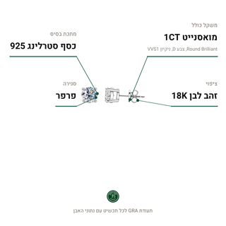 עגילי Lodi Silver, מואסנייט 1CT, כסף סטרלינג 925, ציפוי זהב לבן 18K