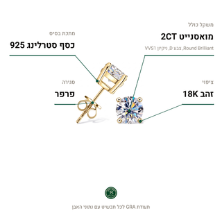 עגילי Avenne Gold, מואסנייט 2CT, כסף סטרלינג 925, ציפוי זהב 18K