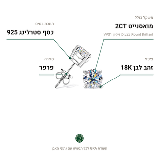 עגילי Avenne, מואסנייט 2CT, כסף סטרלינג 925, ציפוי זהב לבן 18K