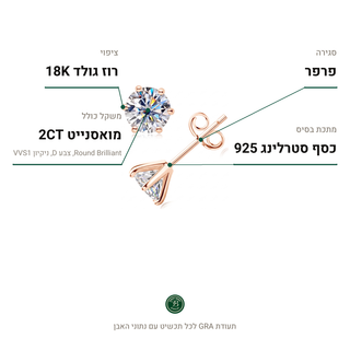 עגילי Noa Rose, מואסנייט 2CT, כסף סטרלינג 925, ציפוי רוז גולד 18K