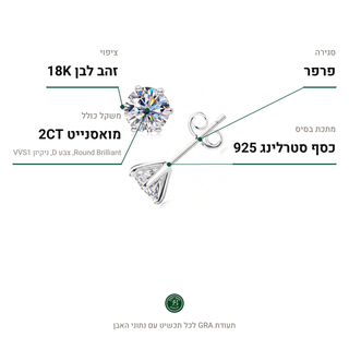 עגילי Noa Silver, מואסנייט 2CT, כסף סטרלינג 925, ציפוי זהב לבן 18K