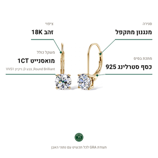 עגילי Avelis Gold, מואסנייט 1CT, כסף סטרלינג 925, ציפוי זהב 18K