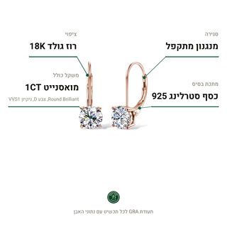 עגילי Avelis Rose, מואסנייט 1CT, כסף סטרלינג 925, ציפוי רוז גולד 18K