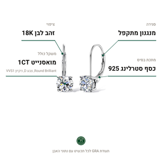 עגילי Avelis, מואסנייט 1CT, כסף סטרלינג 925, ציפוי זהב לבן 18K