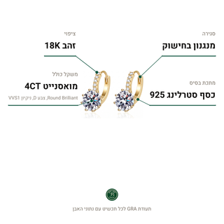 עגילי Maevy Gold, מואסנייט 4CT, כסף סטרלינג 925, ציפוי זהב 18K