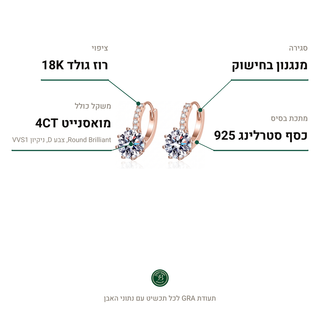 עגילי Maevy Rose, מואסנייט 4CT, כסף סטרלינג 925, ציפוי רוז גולד 18K