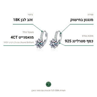 עגילי Maevy, מואסנייט 4CT, כסף סטרלינג 925, ציפוי זהב לבן 18K