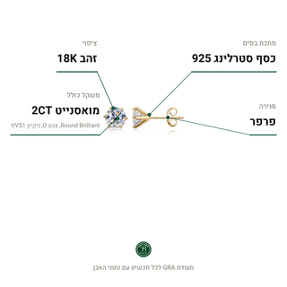 עגילי Nova Gold, מואסנייט 2CT, כסף סטרלינג 925, ציפוי זהב 18K