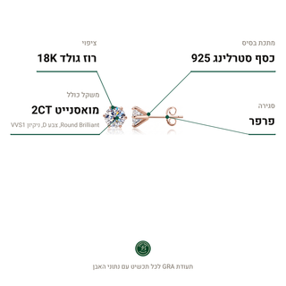 עגילי Nova Rose, מואסנייט 2CT, כסף סטרלינג 925, ציפוי רוז גולד 18K
