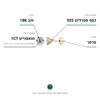 עגילי Lia Gold, מואסנייט 1CT, כסף סטרלינג 925, ציפוי זהב 18K