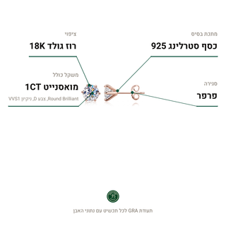 עגילי Lia Rose, מואסנייט 1CT, כסף סטרלינג 925, ציפוי רוז גולד 18K
