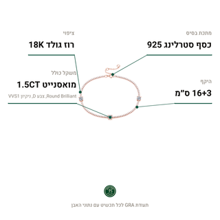 צמיד Nava Rose, מואסנייט 1.5CT, כסף סטרלינג 925, ציפוי רוז גולד 18K