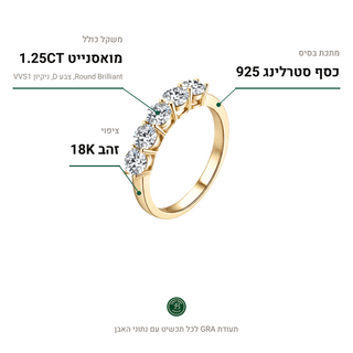 טבעת Nova Gold, מואסנייט 1.25CT, כסף סטרלינג 925, ציפוי זהב 18K