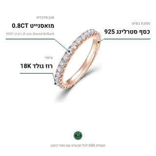 טבעת Ravelle Rose, מואסנייט 0.8CT, כסף סטרלינג 925, ציפוי רוז גולד 18K