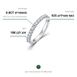 טבעת Ravelle, מואסנייט 0.8CT, כסף סטרלינג 925, ציפוי זהב לבן 18K