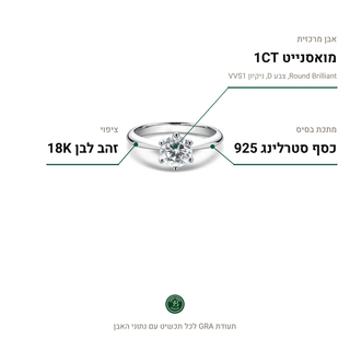 טבעת Aria Silver, מואסנייט 1CT, כסף סטרלינג 925, ציפוי זהב לבן 18K