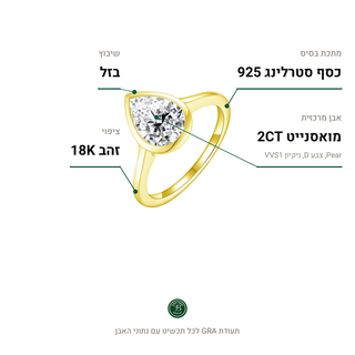 טבעת Venezia Gold, מואסנייט 2CT, כסף סטרלינג 925, ציפוי זהב 18K
