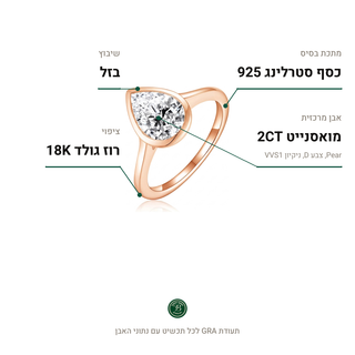 טבעת Venezia Rose, מואסנייט 2CT, כסף סטרלינג 925, ציפוי רוז גולד 18K