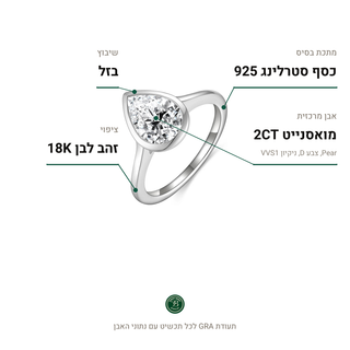טבעת Venezia Silver, מואסנייט 2CT, כסף סטרלינג 925, ציפוי זהב לבן 18K