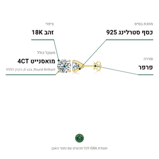 עגילי Salerno Gold, מואסנייט 4CT, כסף סטרלינג 925, ציפוי זהב 18K