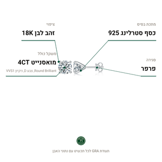 עגילי Salerno Silver, מואסנייט 4CT, כסף סטרלינג 925, ציפוי זהב לבן 18K