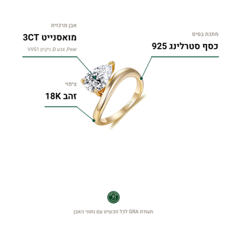טבעת Bergamo Gold, מואסנייט 3CT, כסף סטרלינג 925, ציפוי זהב 18K