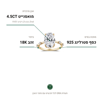 טבעת Padova Gold, מואסנייט 4.5CT, כסף סטרלינג 925, ציפוי זהב 18K
