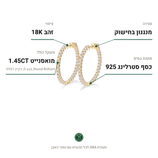 עגילי Meriel Gold, מואסנייט 1.45CT, כסף סטרלינג 925, ציפוי זהב 18K