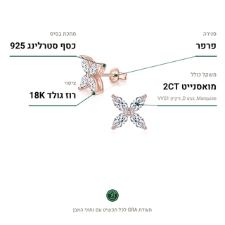 עגילי Sylva Rose, מואסנייט 2CT, כסף סטרלינג 925, ציפוי רוז גולד 18K