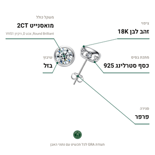 עגילי Trento Silver, מואסנייט 2CT, כסף סטרלינג 925, ציפוי זהב לבן 18K