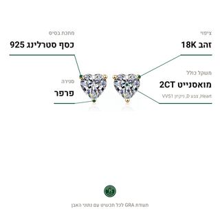 עגילי Bologna Gold, מואסנייט 2CT, כסף סטרלינג 925, ציפוי זהב 18K