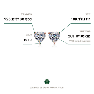עגילי Bologna Rose, מואסנייט 2CT, כסף סטרלינג 925, ציפוי רוז גולד 18K