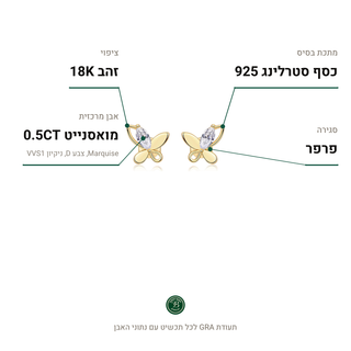 עגילי Padua, מואסנייט 0.5CT, כסף סטרלינג 925, ציפוי זהב 18K