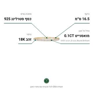 צמיד Coriel Gold, מואסנייט 0.1CT, כסף סטרלינג 925, ציפוי זהב 18K
