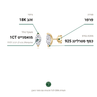 עגילי Matera Gold, מואסנייט 1CT, כסף סטרלינג 925, ציפוי זהב 18K