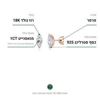 עגילי Matera Rose, מואסנייט 1CT, כסף סטרלינג 925, ציפוי רוז גולד 18K