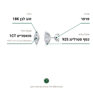 עגילי Matera, מואסנייט 1CT, כסף סטרלינג 925, ציפוי זהב לבן 18K