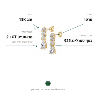 עגילי Genova Gold, מואסנייט 2.1CT, כסף סטרלינג 925, ציפוי זהב 18K